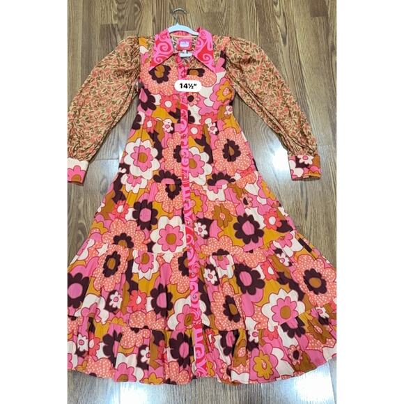 CELIAB retro Satin Monte Rosa Floral Button-Front Tiered Midi Sun Dress XS - Picture 7 of 12